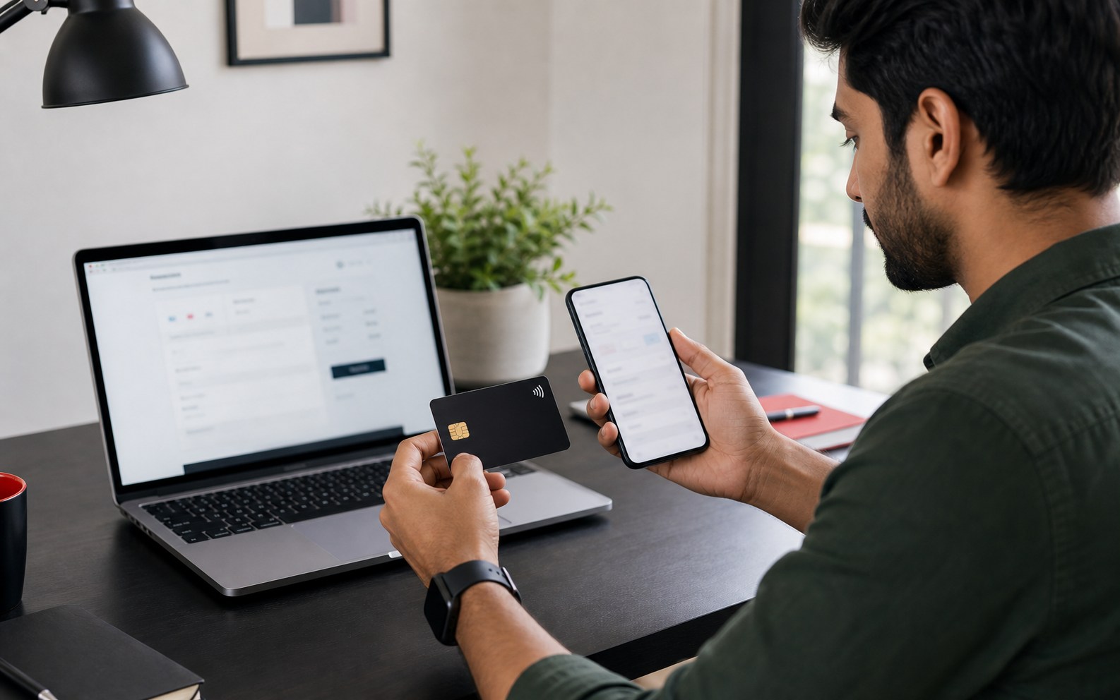Indian user checking a card and phone for online payment