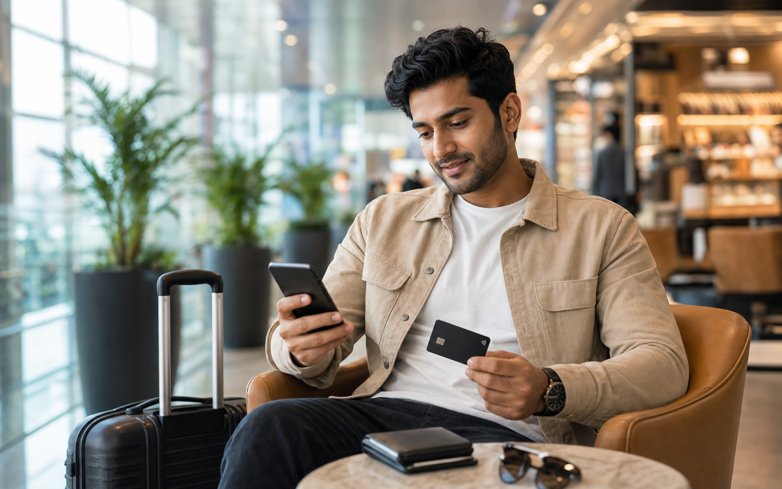 Indian traveler checking a card and phone before payment